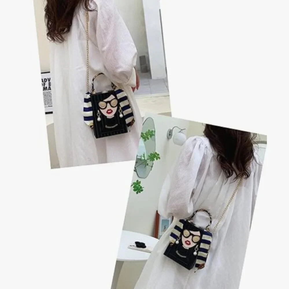 🔥Chic Fashion Lady Face Trendy Box Handbag w/Pearl Earrings Scarf Twilly Handle - Picture 7 of 10